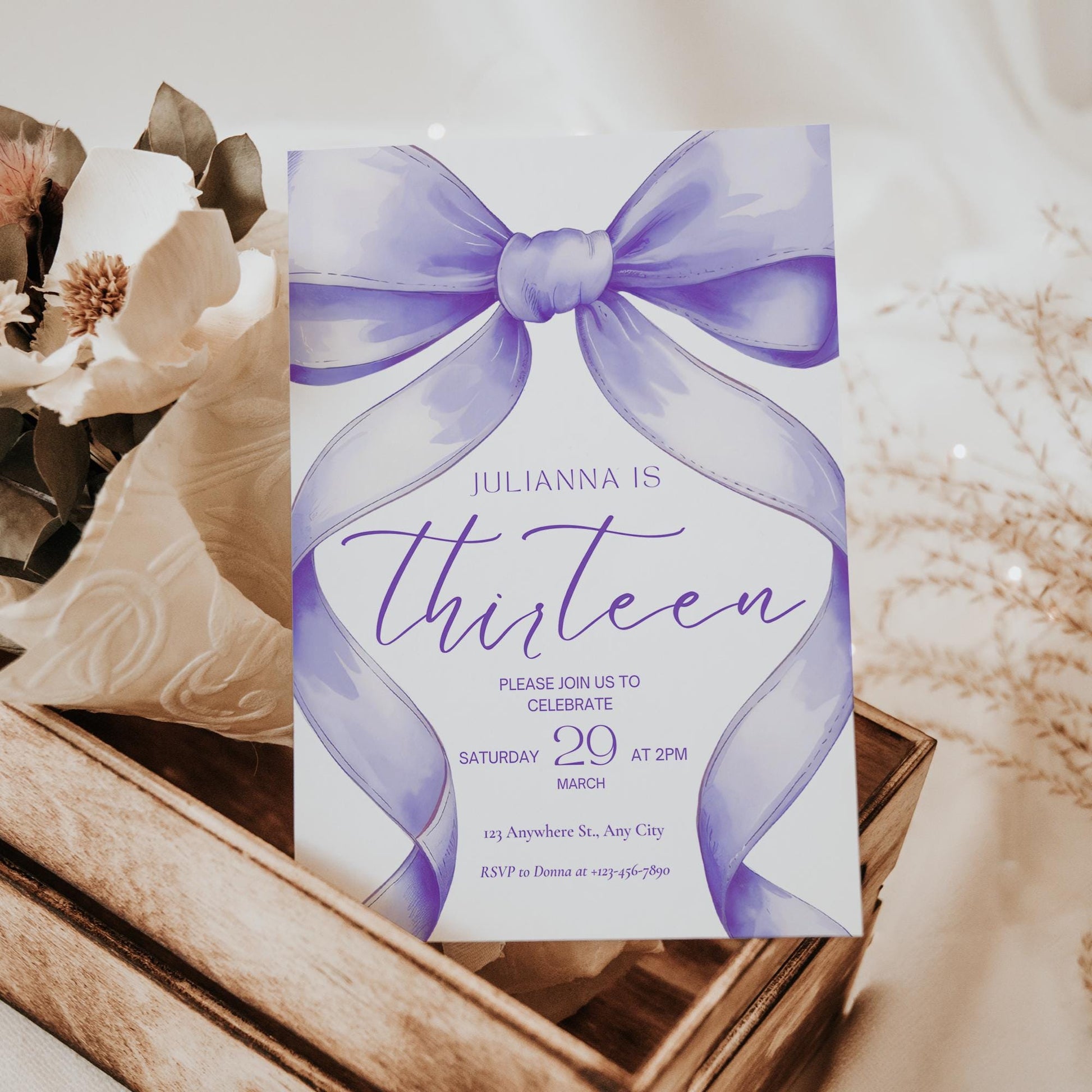 13th birthday invitation girl Purple Coquette Invite 13 year old girl Birthday Girl thirteenth Purple Bow Birthday Teen Birthday Party