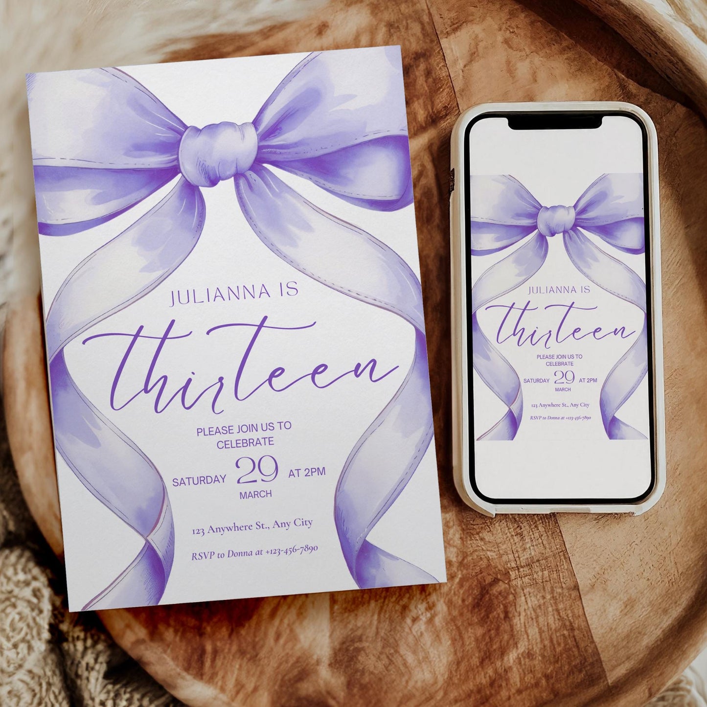 13th birthday invitation girl Purple Coquette Invite 13 year old girl Birthday Girl thirteenth Purple Bow Birthday Teen Birthday Party