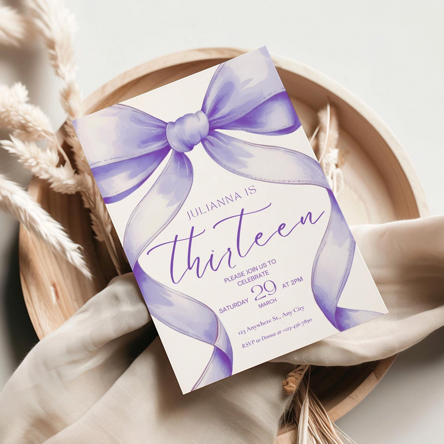 13th birthday invitation girl Purple Coquette Invite 13 year old girl Birthday Girl thirteenth Purple Bow Birthday Teen Birthday Party