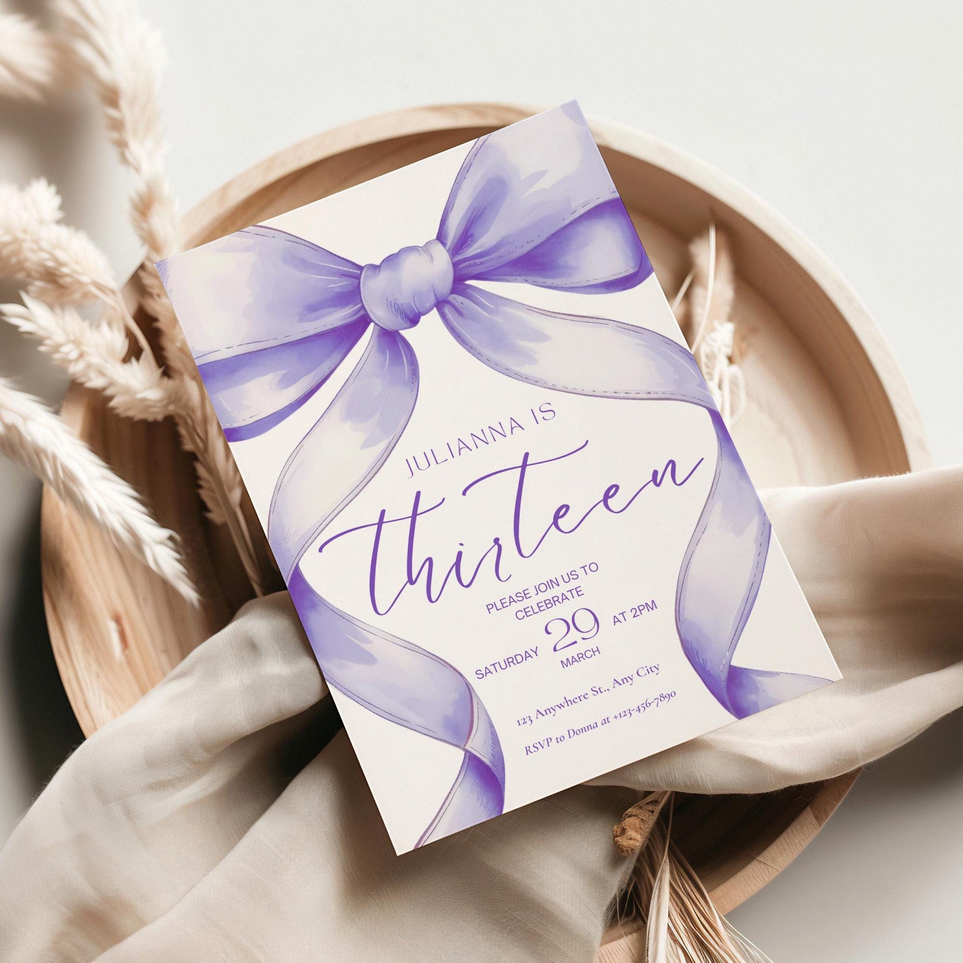 13th birthday invitation girl Purple Coquette Invite 13 year old girl Birthday Girl thirteenth Purple Bow Birthday Teen Birthday Party