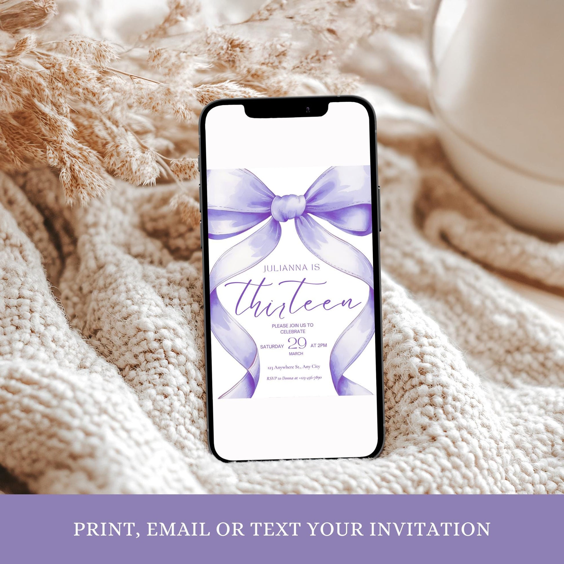 13th birthday invitation girl Purple Coquette Invite 13 year old girl Birthday Girl thirteenth Purple Bow Birthday Teen Birthday Party