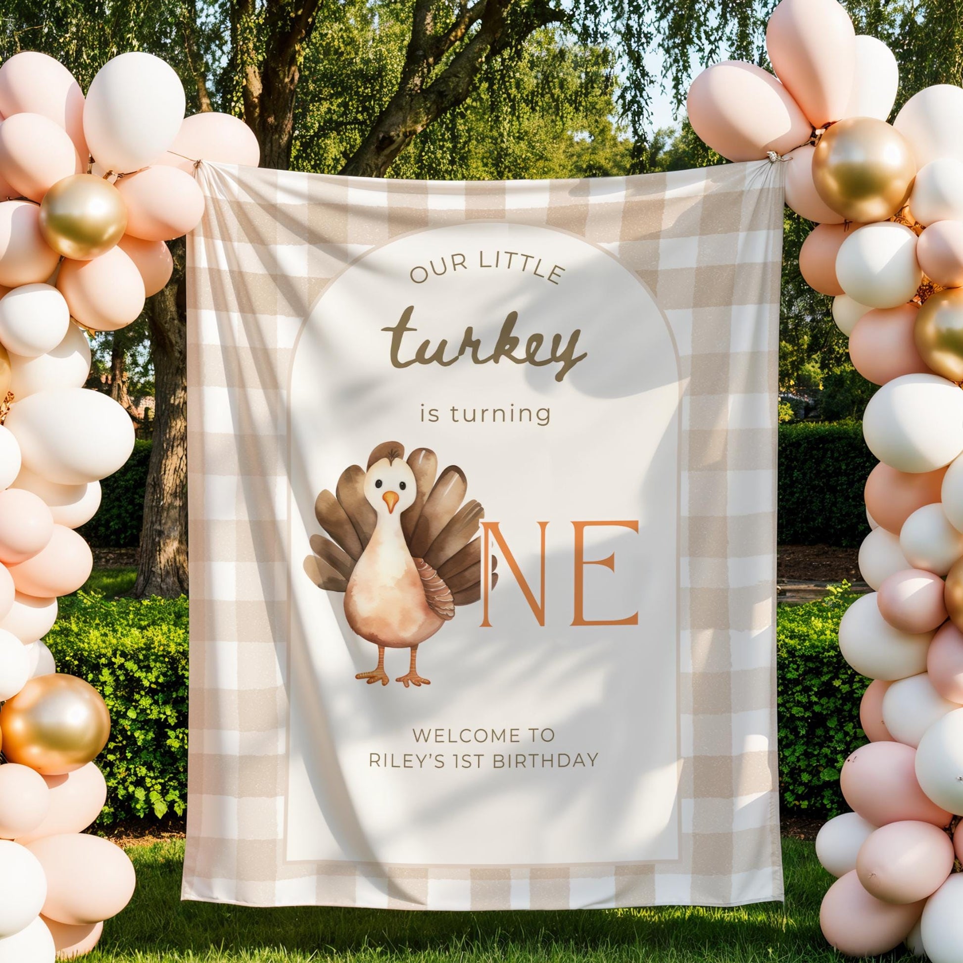Our Little Turkey is Turning One, First Birthday Banner, Thanksgiving Party Decor for Kids