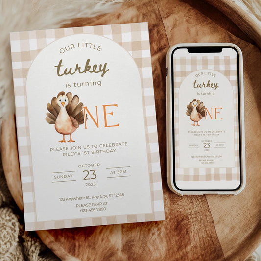 Our Little Turkey Is Turning One Birthday Invitation Thanksgiving theme Birthday invite Turkey 1st Birthday Fall First Birthday Evite