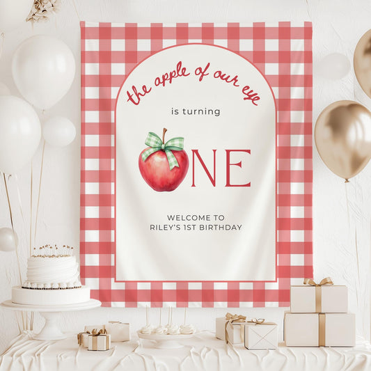 Apple of our eye is One First Birthday Banner 1st Birthday Autumn Party Decor Photo Backdrop Apple theme Custom Banner Fall Welcome sign