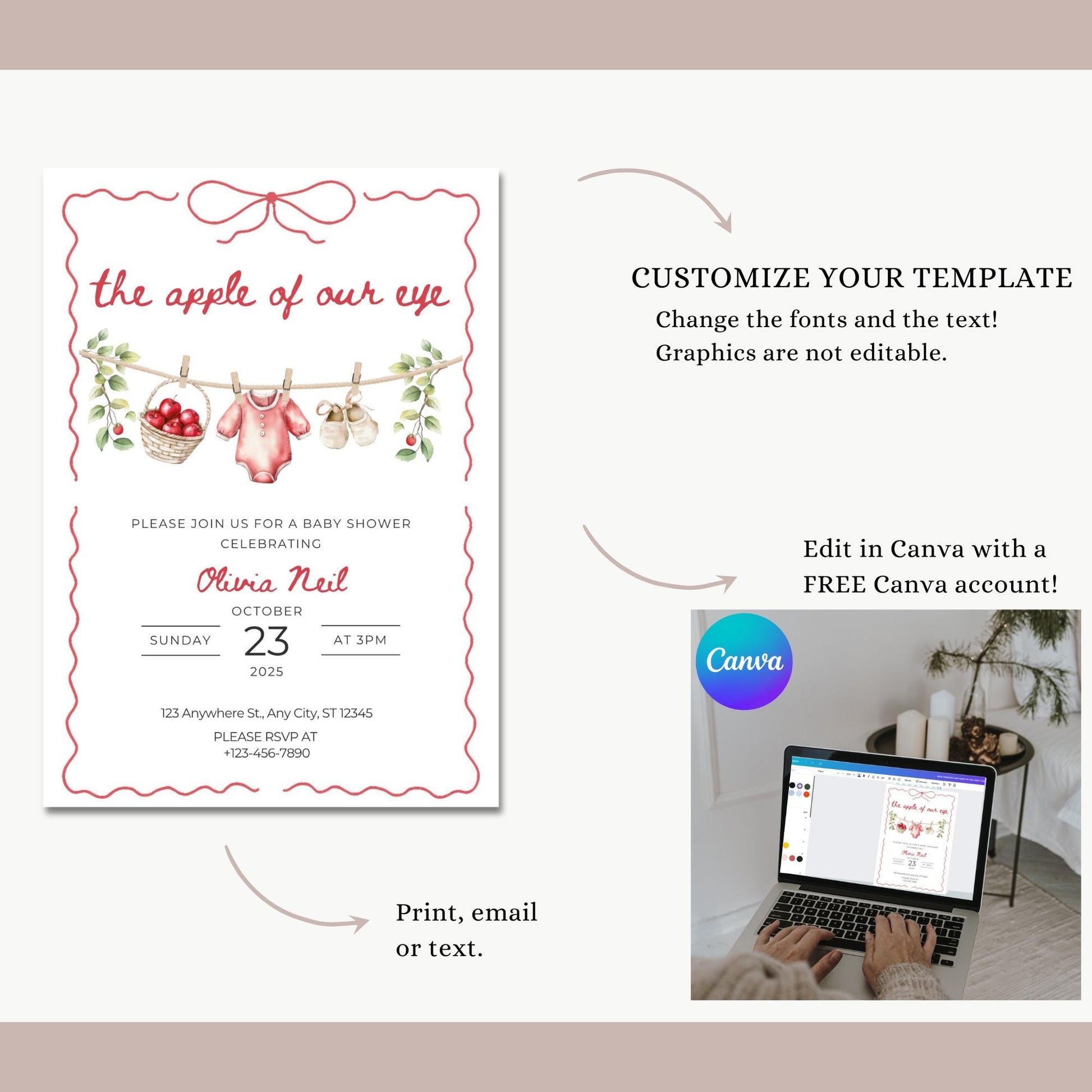 Apple of Our Eye Baby Shower Invite, Editable Fall Baby Shower Template, Autumn Invitation, Instant Download