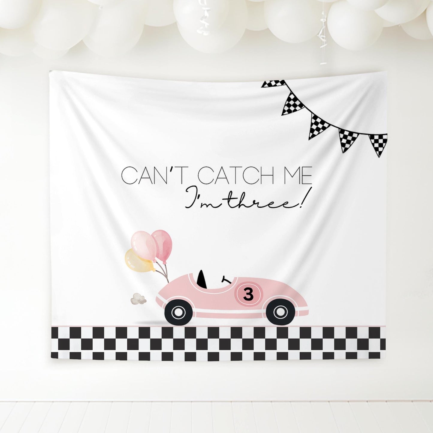 Racecar 3rd Birthday Personalized Banner Girl Can&#39;t catch me I&#39;m Three Party Decor Photo Backdrop Racing Custom Banner Race Track