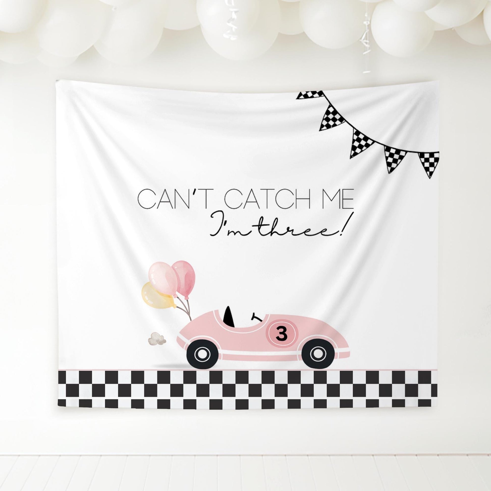 Racecar 3rd Birthday Personalized Banner Girl Can&#39;t catch me I&#39;m Three Party Decor Photo Backdrop Racing Custom Banner Race Track