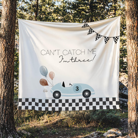 Racecar 3rd Birthday Personalized Banner Girl Can&#39;t catch me I&#39;m Three Party Decor Photo Backdrop Racing Custom Banner Race Track