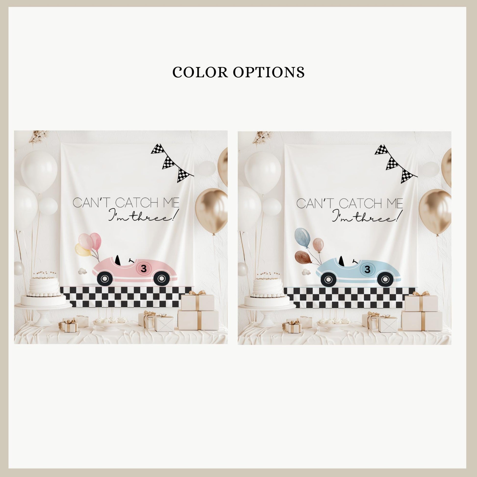 Racecar 3rd Birthday Personalized Banner Girl Can&#39;t catch me I&#39;m Three Party Decor Photo Backdrop Racing Custom Banner Race Track