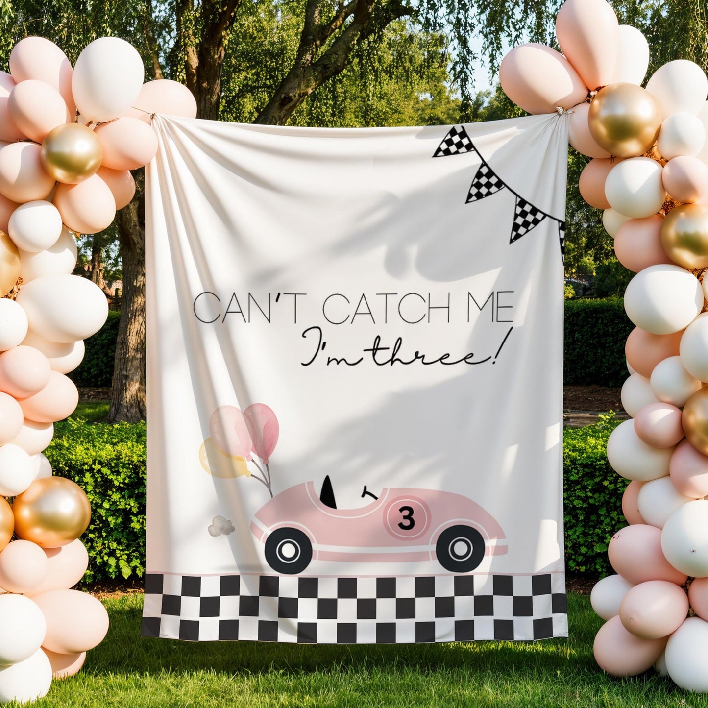 Racecar 3rd Birthday Personalized Banner Girl Can&#39;t catch me I&#39;m Three Party Decor Photo Backdrop Racing Custom Banner Race Track