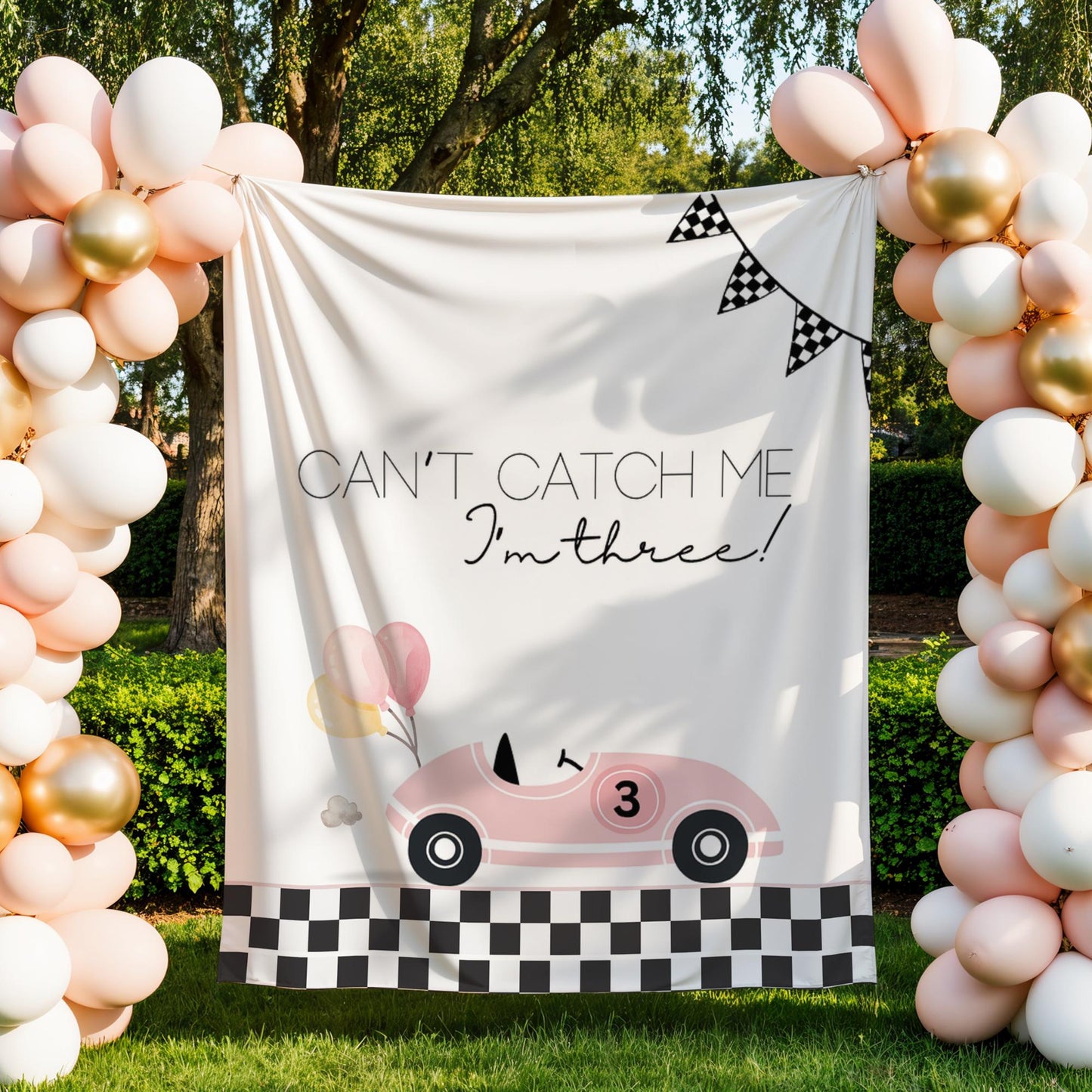 Racecar 3rd Birthday Personalized Banner Girl Can&#39;t catch me I&#39;m Three Party Decor Photo Backdrop Racing Custom Banner Race Track