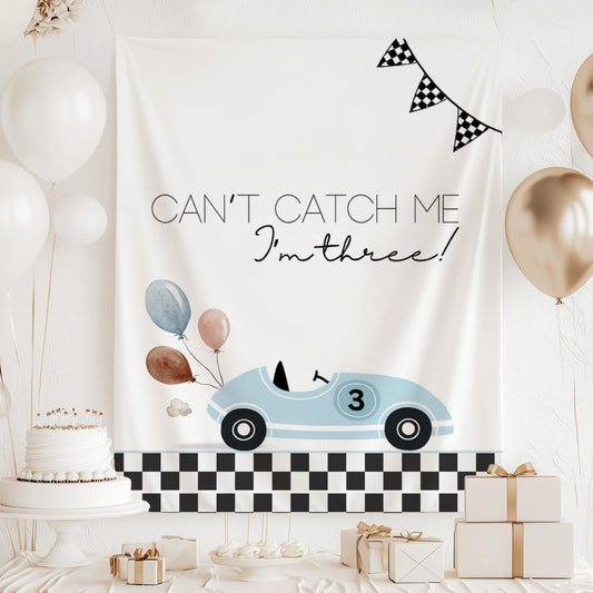 Racecar 3rd Birthday Personalized Banner Girl Can&#39;t catch me I&#39;m Three Party Decor Photo Backdrop Racing Custom Banner Race Track