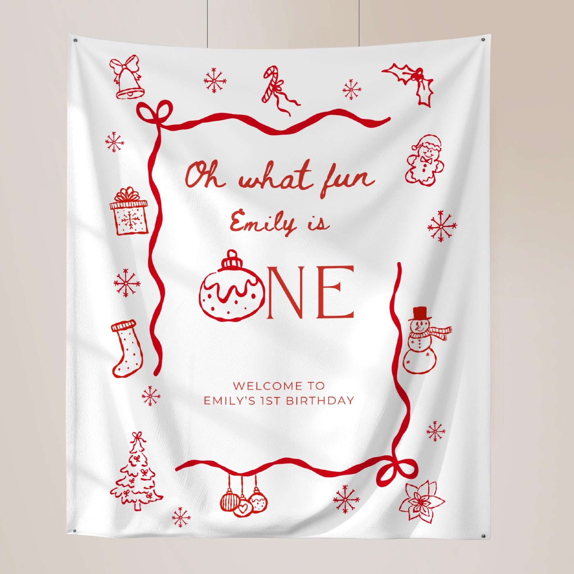 Christmas First Birthday Banner Oh What Fun it is to be One Welcome Sign Whimsical 1st Birthday Decor Coquette Bow Holiday Party Hand Drawn
