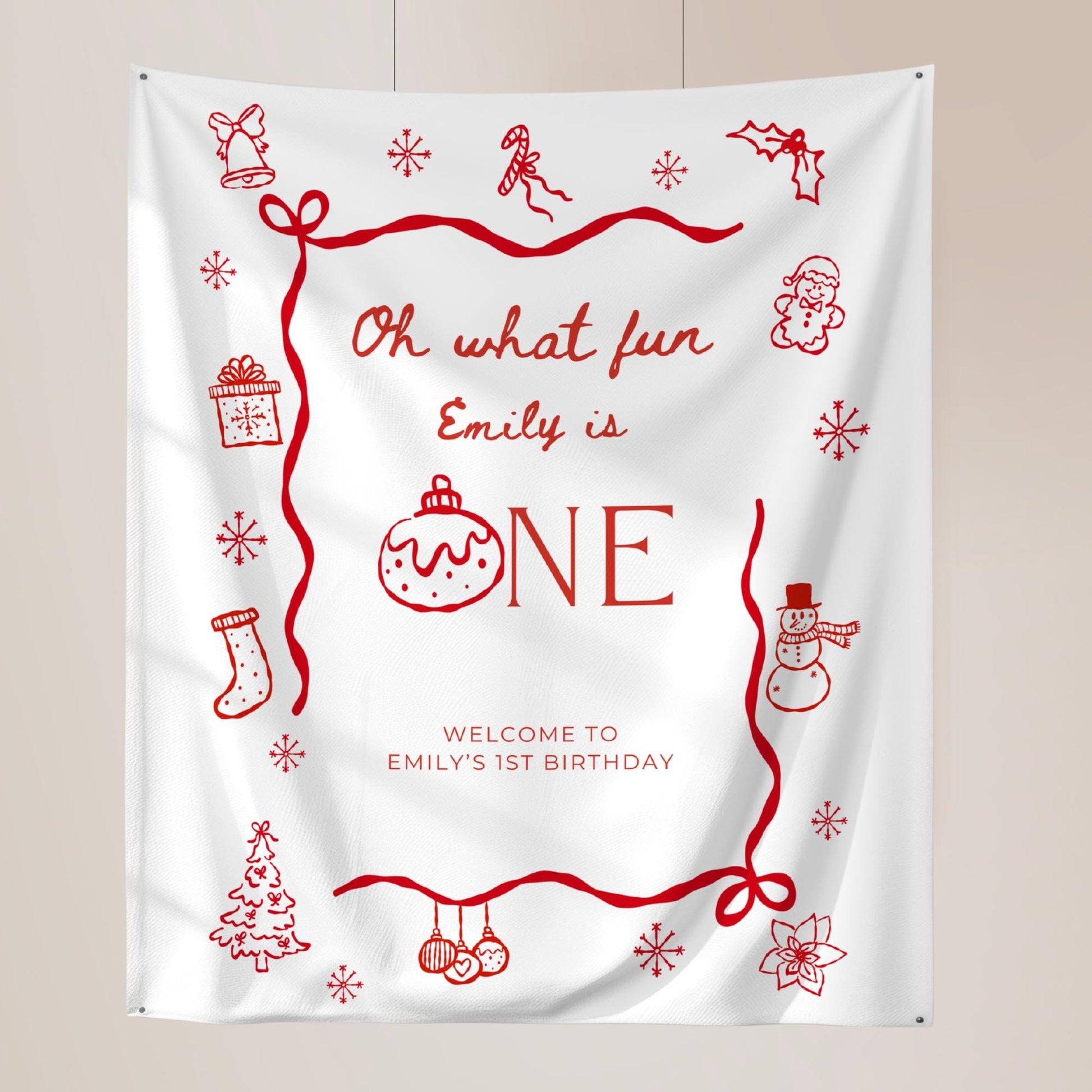 Christmas First Birthday Banner Oh What Fun it is to be One Welcome Sign Whimsical 1st Birthday Decor Coquette Bow Holiday Party Hand Drawn