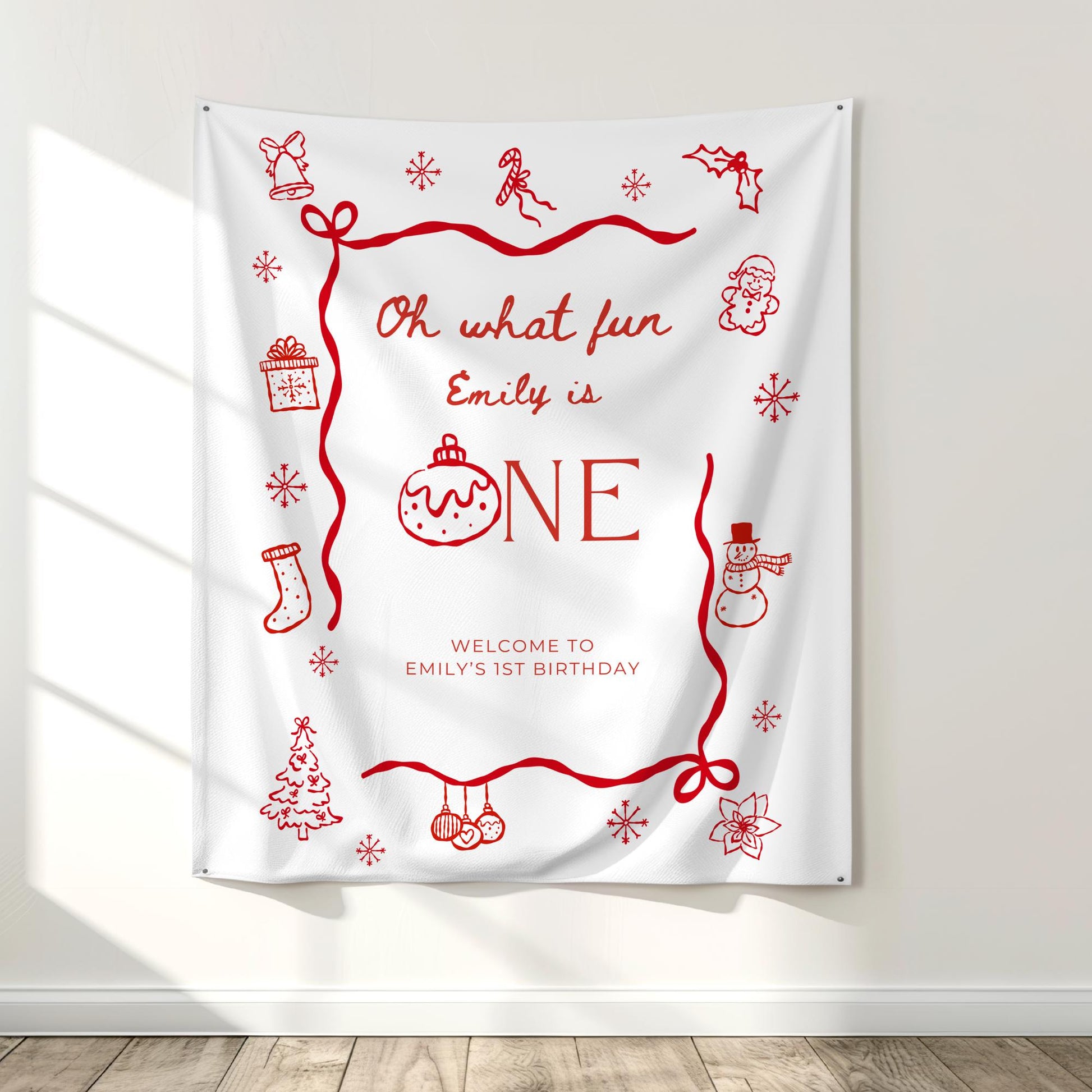 Christmas First Birthday Banner Oh What Fun it is to be One Welcome Sign Whimsical 1st Birthday Decor Coquette Bow Holiday Party Hand Drawn