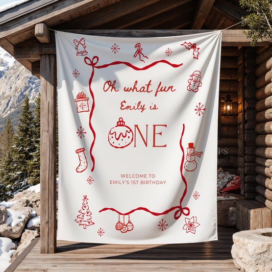Christmas First Birthday Banner Oh What Fun it is to be One Welcome Sign Whimsical 1st Birthday Decor Coquette Bow Holiday Party Hand Drawn