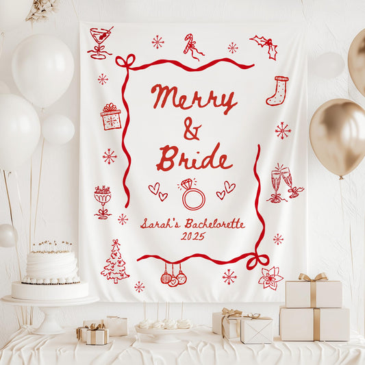 Merry and Bride Bachelorette Banner, Christmas Party Ideas, Bridal Shower Decorations, Wedding Celebration Decor