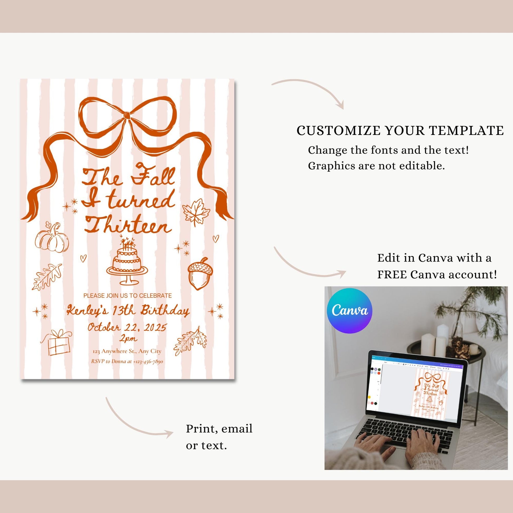 The Fall I turned 13 Birthday Invitation Any Age Custom Party Invite Autumn Birthday Template Teen Girl Party Supplies Pre teen Party Decor