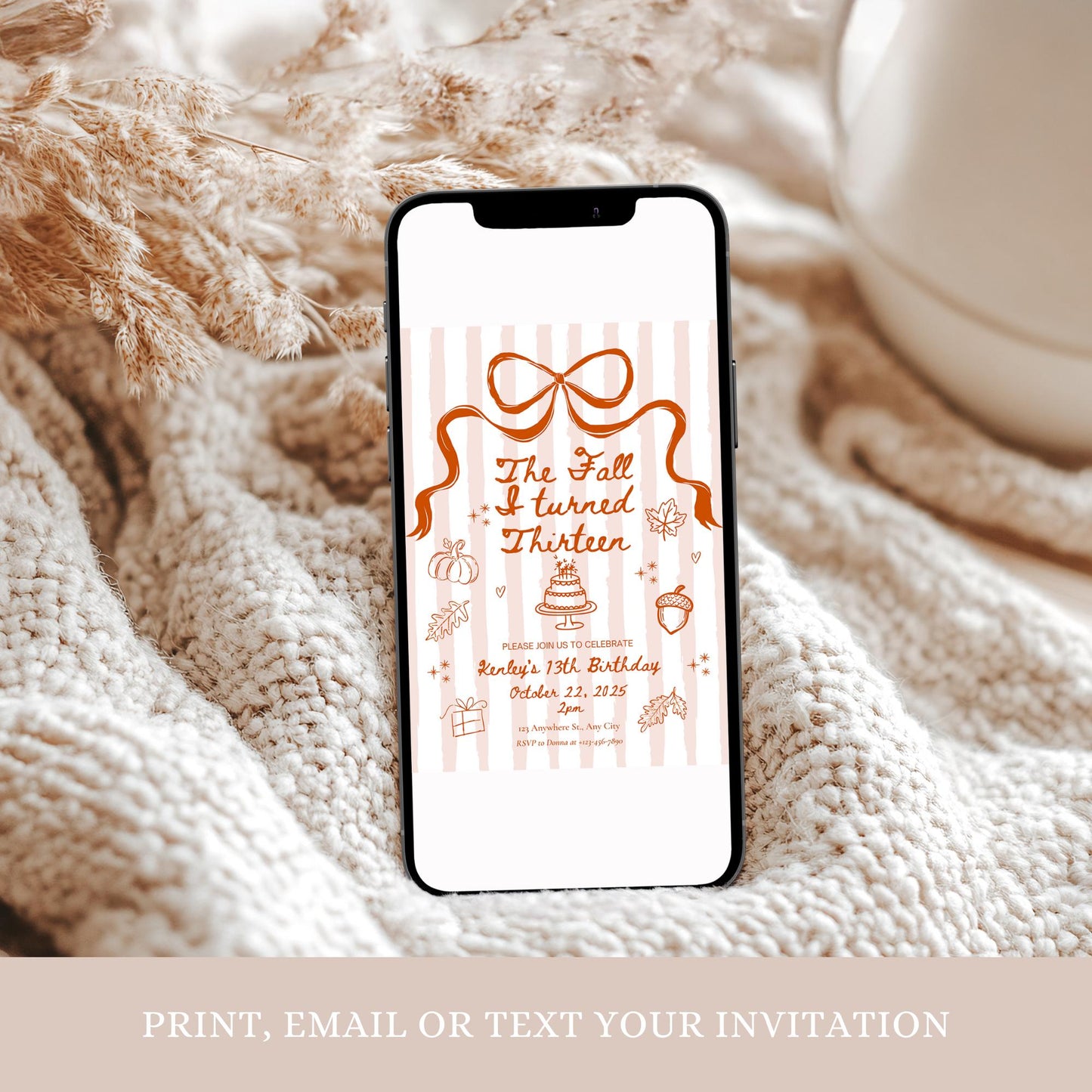 The Fall I turned 13 Birthday Invitation Any Age Custom Party Invite Autumn Birthday Template Teen Girl Party Supplies Pre teen Party Decor