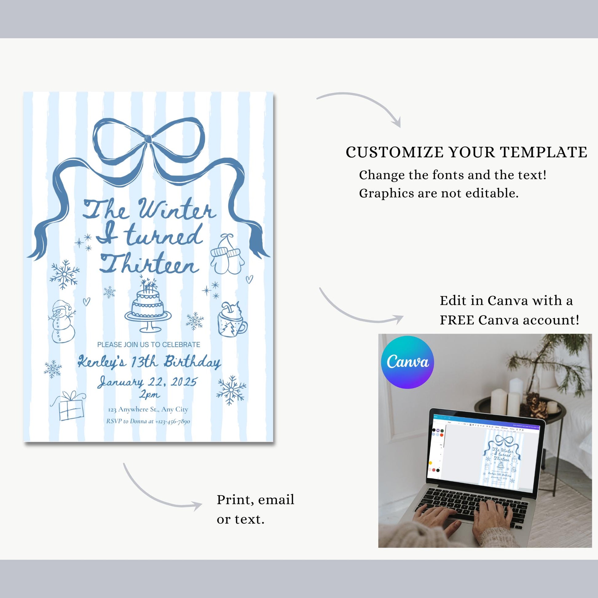 The Winter I turned 13 Birthday Invitation Any Age Custom Party Invite Christmas Birthday Template Teen Girl Party Supplies Pre teen Party