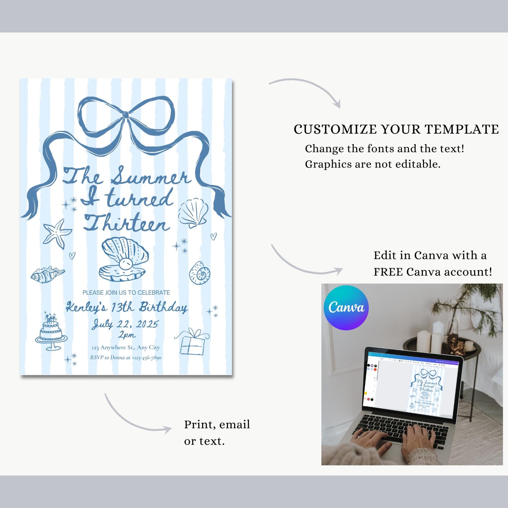 The Summer I turned 13 Birthday Invitation Any Age Custom Party Invite Beach Birthday Template Teen Girl Party Supplies Pre teen Party