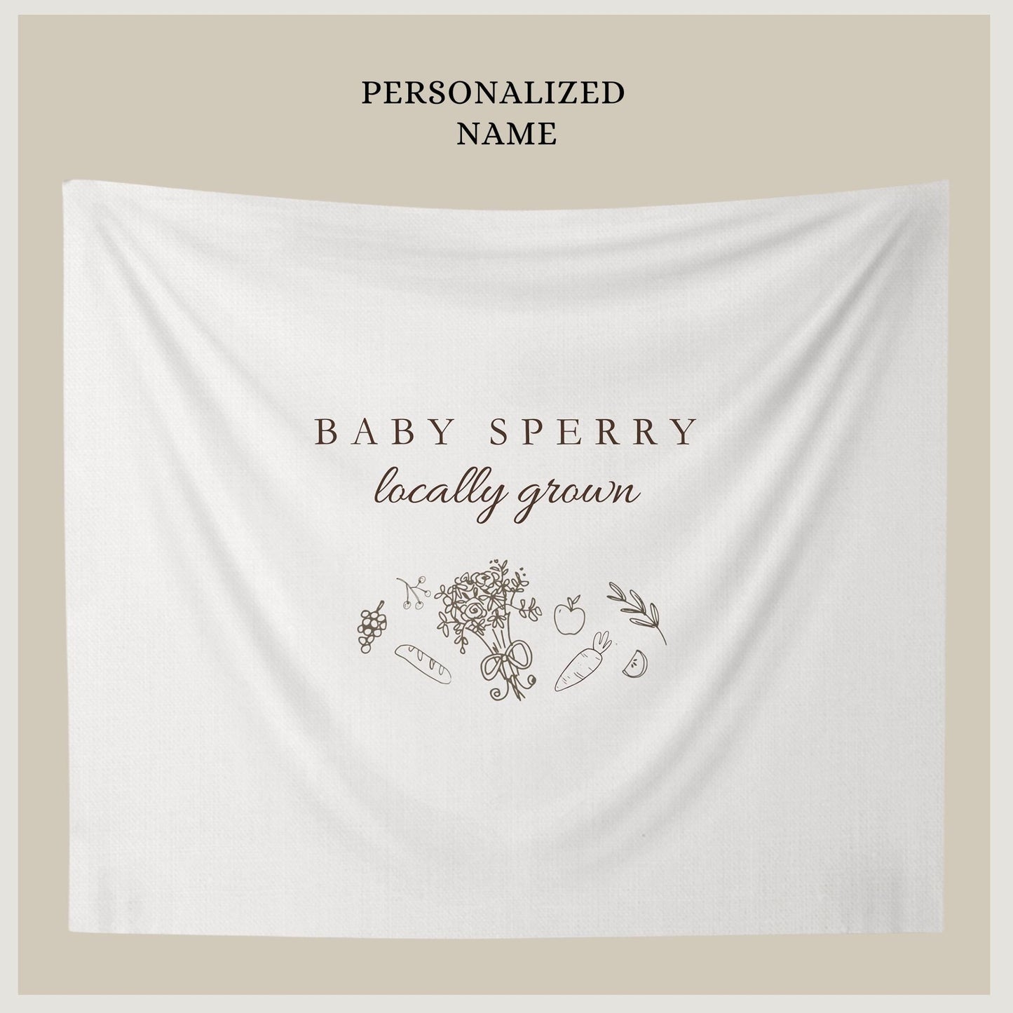 Locally Grown Baby Shower Banner, Personalized Farmers Market Decor, Vegetable Theme Welcome Sign and Backdrop