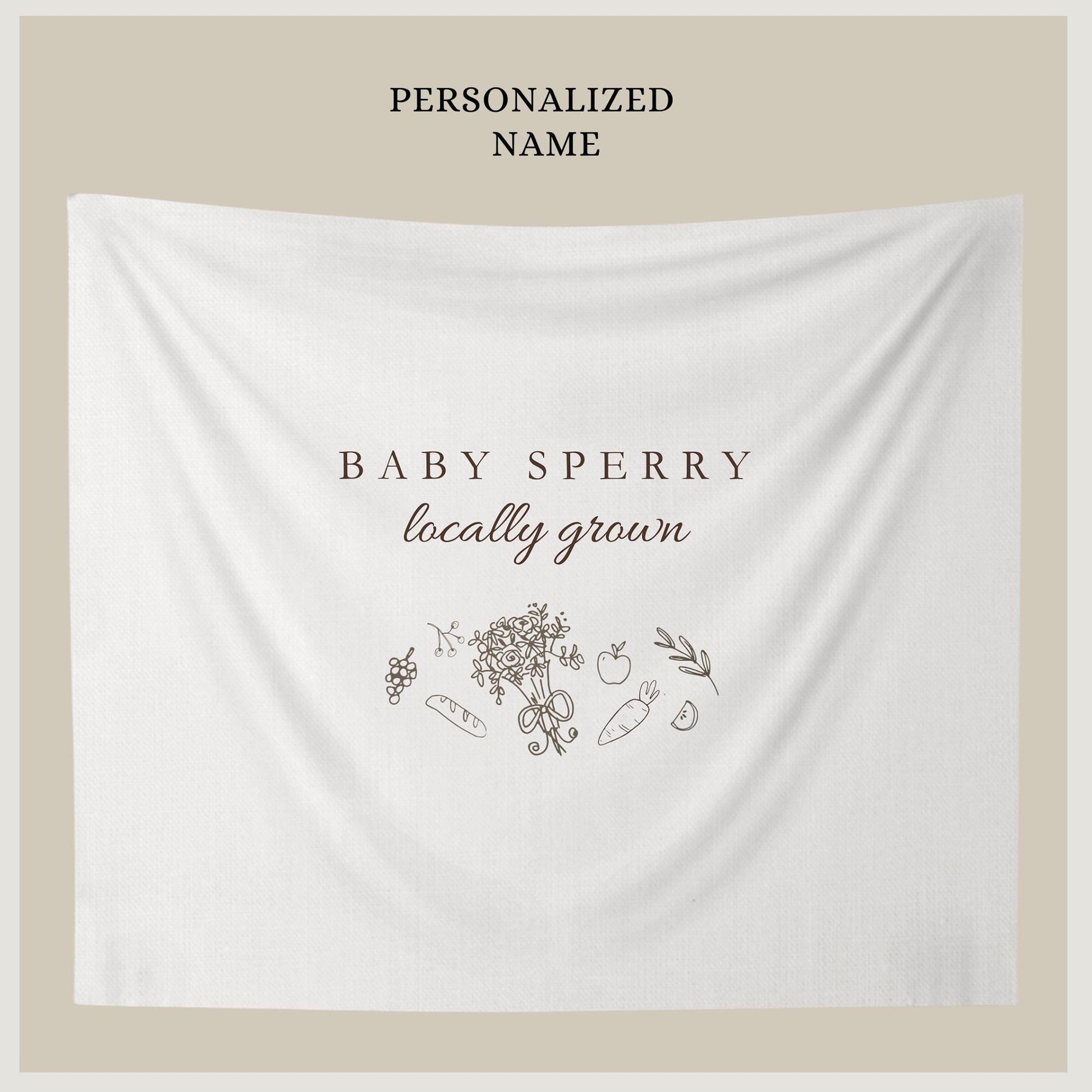 Locally Grown Baby Shower Banner, Personalized Farmers Market Decor, Vegetable Theme Welcome Sign and Backdrop