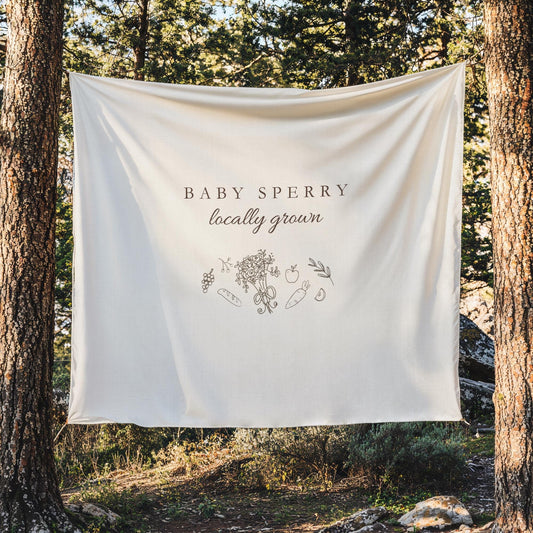 Locally Grown Baby Shower Sign Custom Farmers Market Baby Shower Banner Fabric Sign Baby Shower Decor Hanging Linen Backdrop Welcome Sign
