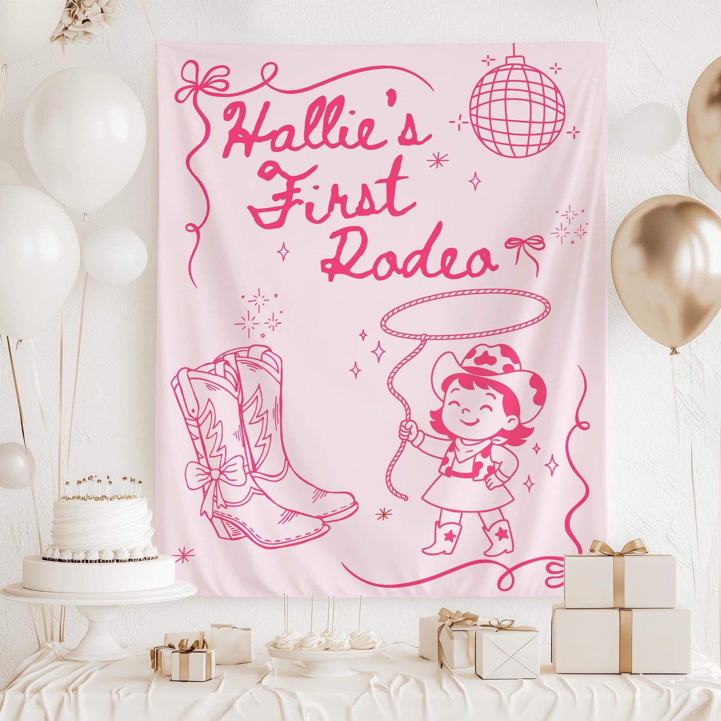 First Rodeo Birthday Banner Custom ANY AGE Cowgirl Backdrop Girl Disco Rodeo Party Decor Wild West Theme 1st Birthday Sign Cake Smash