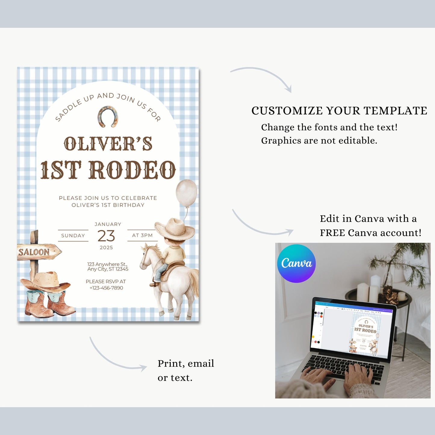 First Rodeo Birthday Invitation, Digital Cowboy Template, Editable Wild West Invite, 1st Birthday Celebration