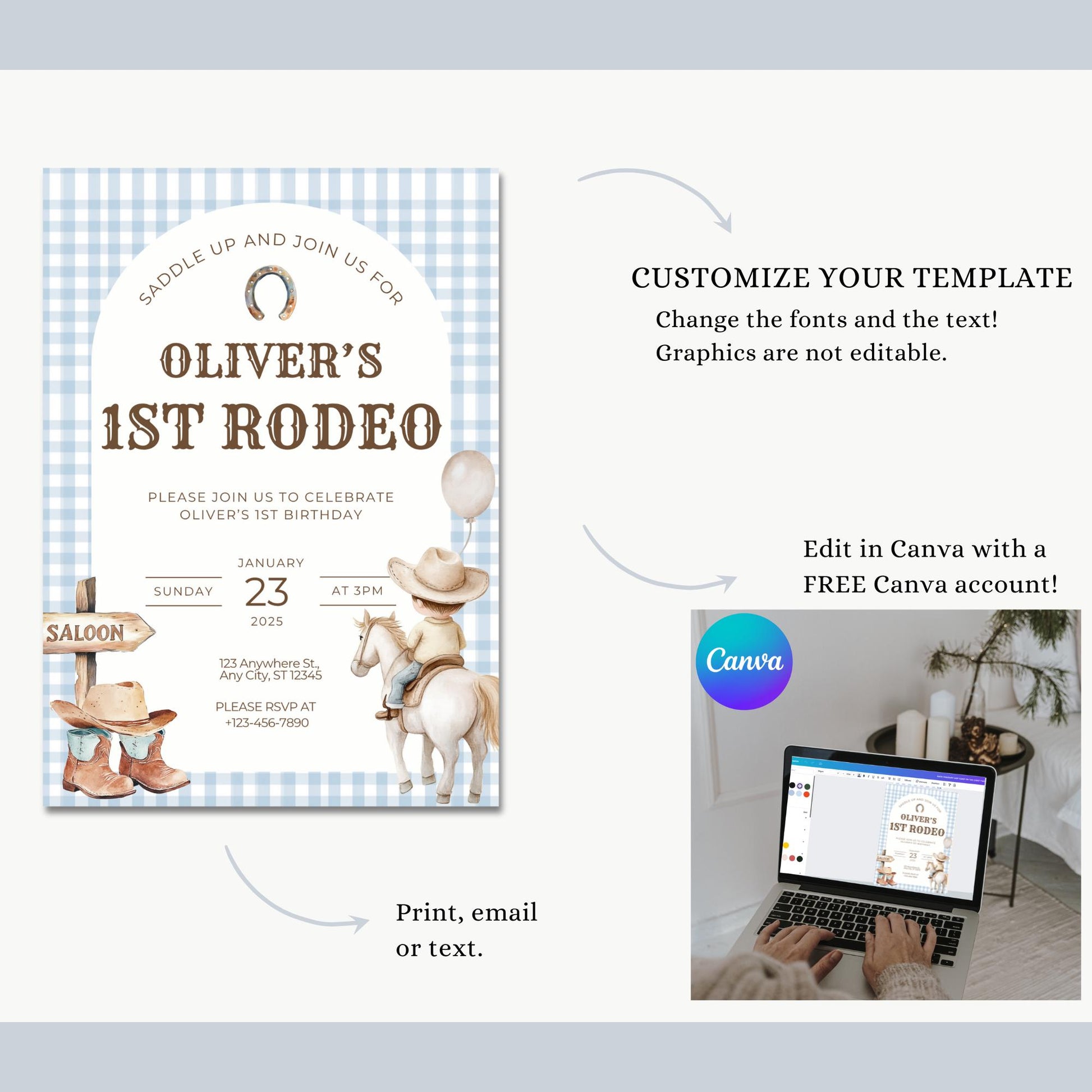 First Rodeo Birthday Invitation, Digital Cowboy Template, Editable Wild West Invite, 1st Birthday Celebration