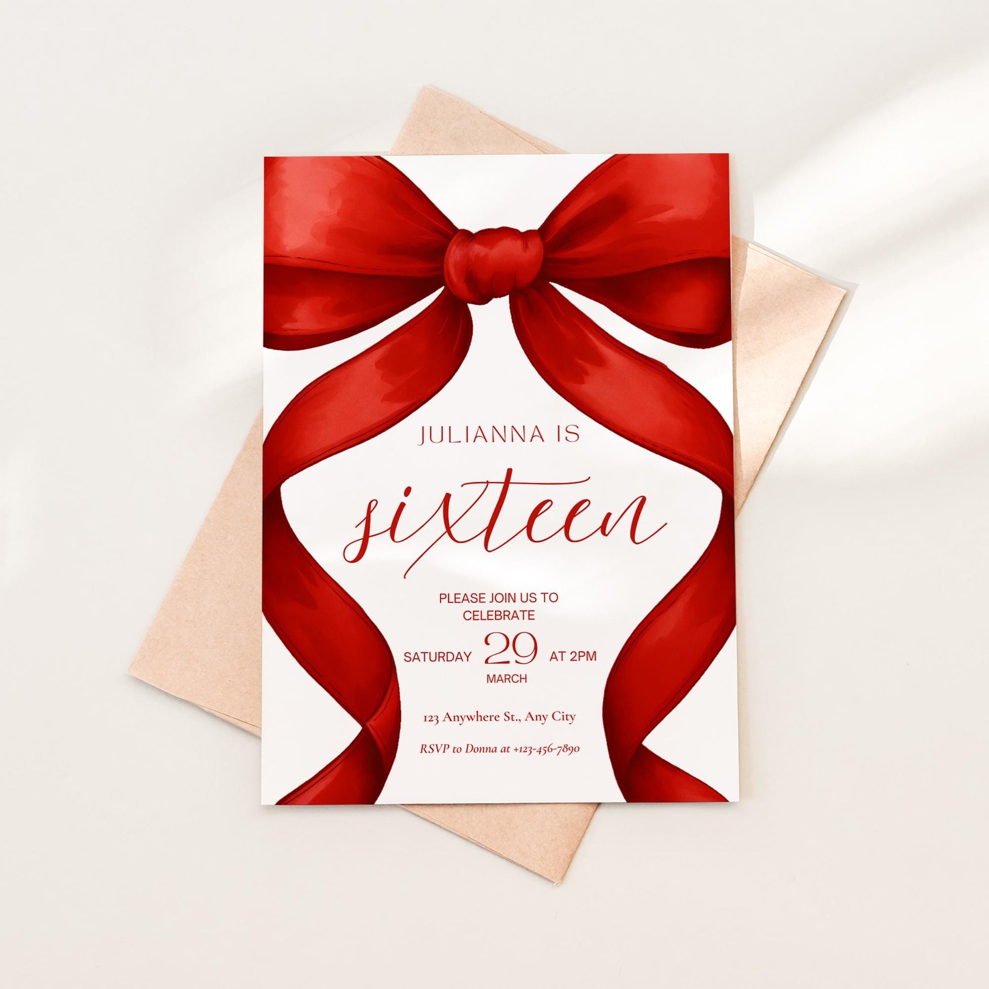 16th birthday invitation Red Coquette Invite 16th Birthday Invitation Girl sixteenth Red Bow Birthday Teen Birthday Party Sweet Sixteen