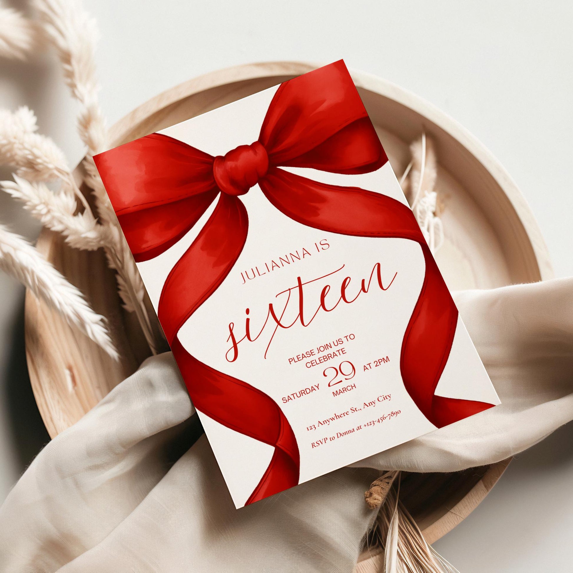 16th birthday invitation Red Coquette Invite 16th Birthday Invitation Girl sixteenth Red Bow Birthday Teen Birthday Party Sweet Sixteen