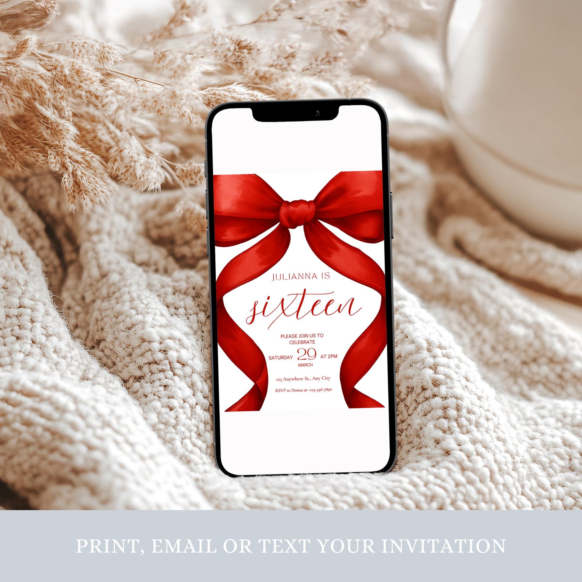 16th birthday invitation Red Coquette Invite 16th Birthday Invitation Girl sixteenth Red Bow Birthday Teen Birthday Party Sweet Sixteen