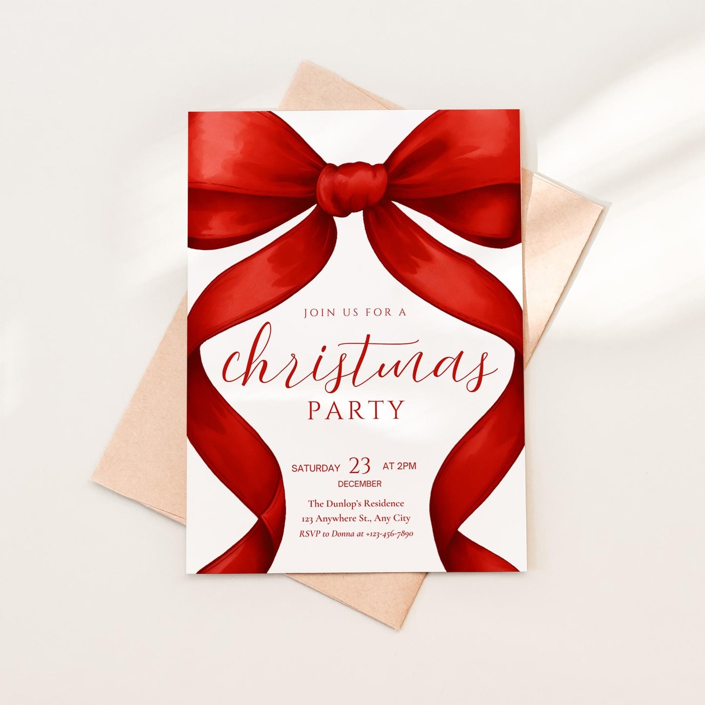 Christmas Plaid Bow Christmas Party Invitation Template for Editable Green Red Ribbon Holiday Party Invite Download
