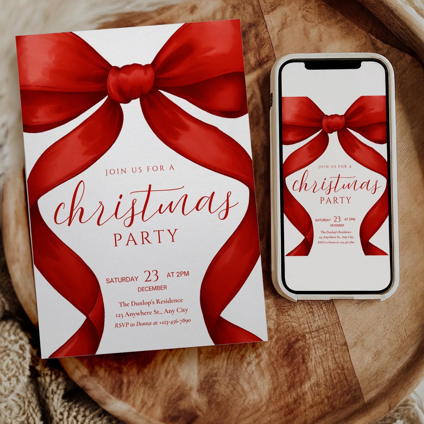 Christmas Party invitation Red Coquette Invite Family Christmas Invite Red Bow Holiday Party Evite Christmas Dinner Invite Instant Download