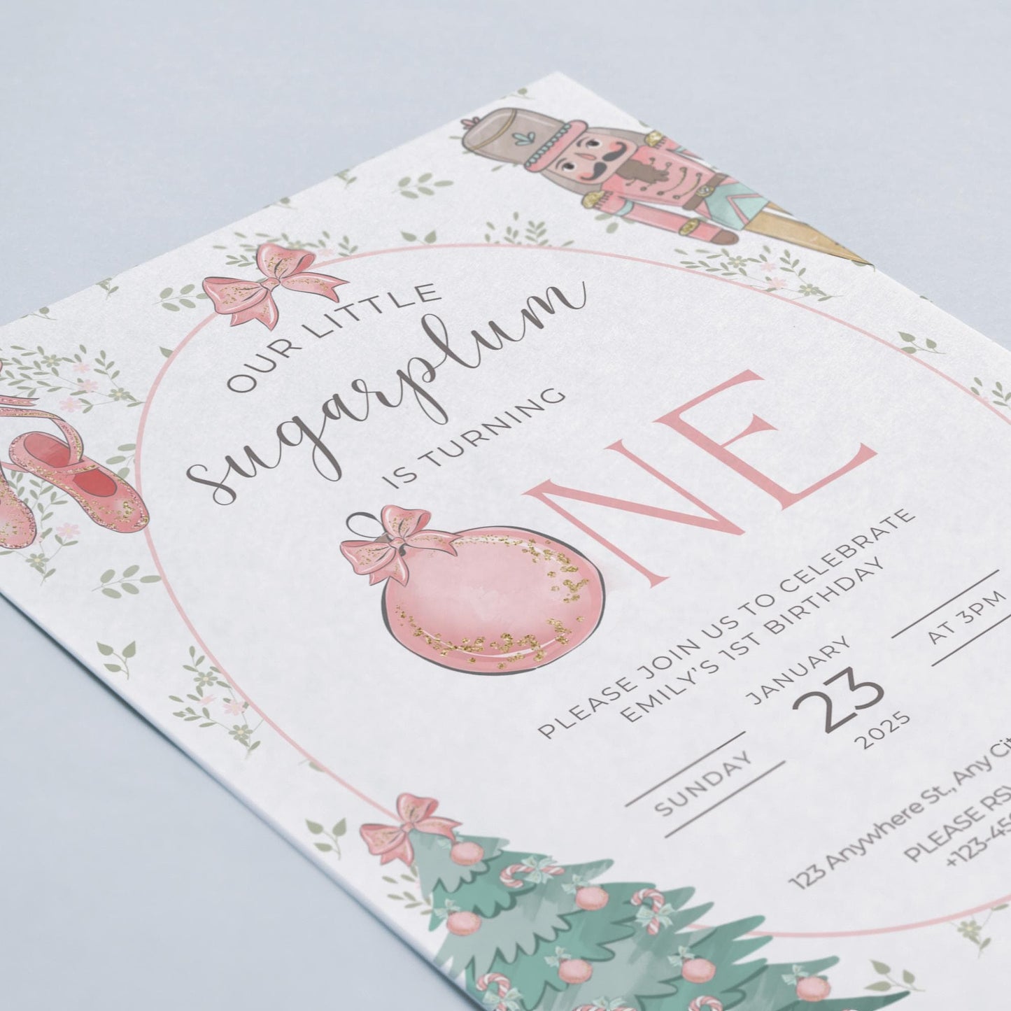 Watercolor Oh What Fun First Birthday Invitation | Girl's Nutcracker Birthday Party | Preppy Christmas Birthday Party Invitation | Printable