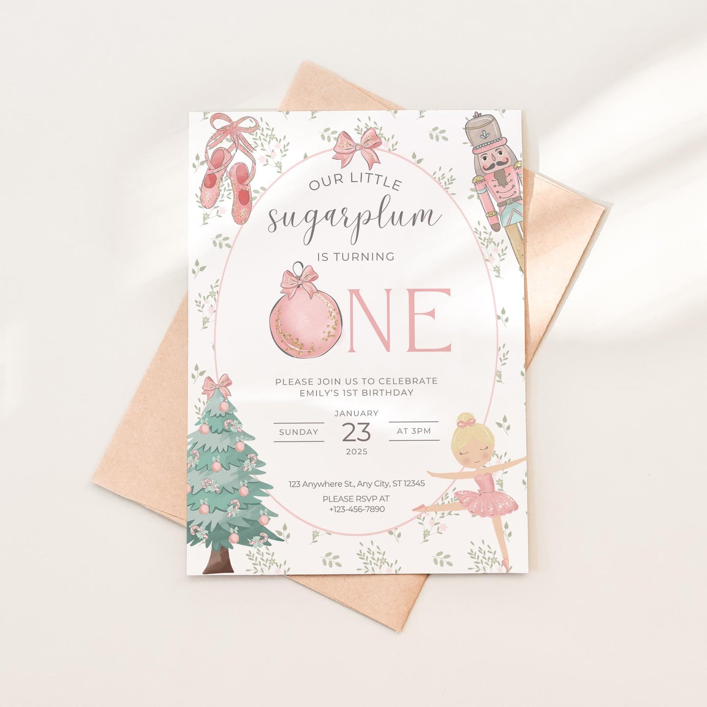 Editable Christmas Nutcracker Birthday Invitation Sugar Plum Fairy Christmas Invitation Christmas Birthday Invitation Winter Invite Pink Bow