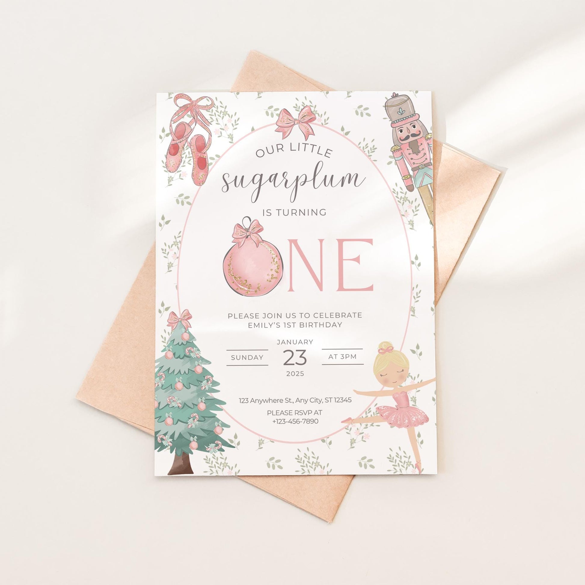 Editable Christmas Nutcracker Birthday Invitation Sugar Plum Fairy Christmas Invitation Christmas Birthday Invitation Winter Invite Pink Bow