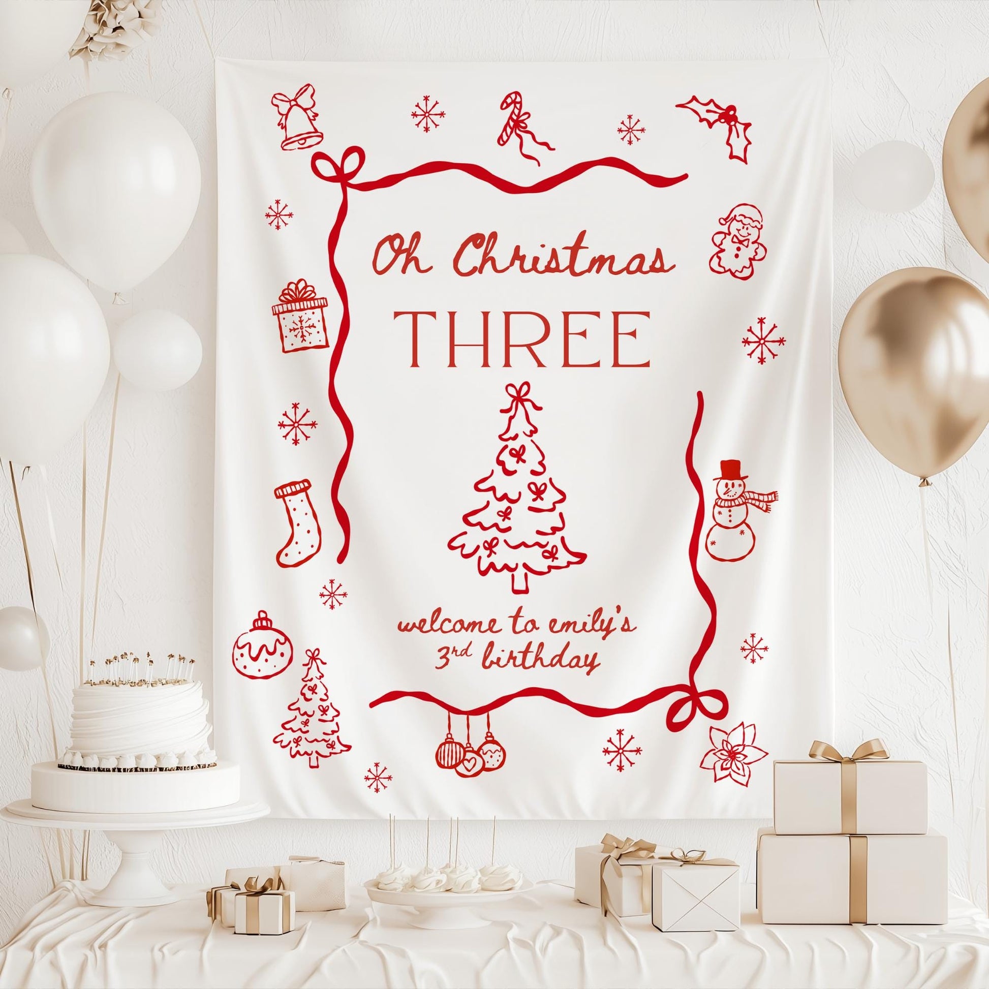 Oh Christmas Three Birthday Banner, Festive 3rd Birthday Decor, Holiday Party Supplies