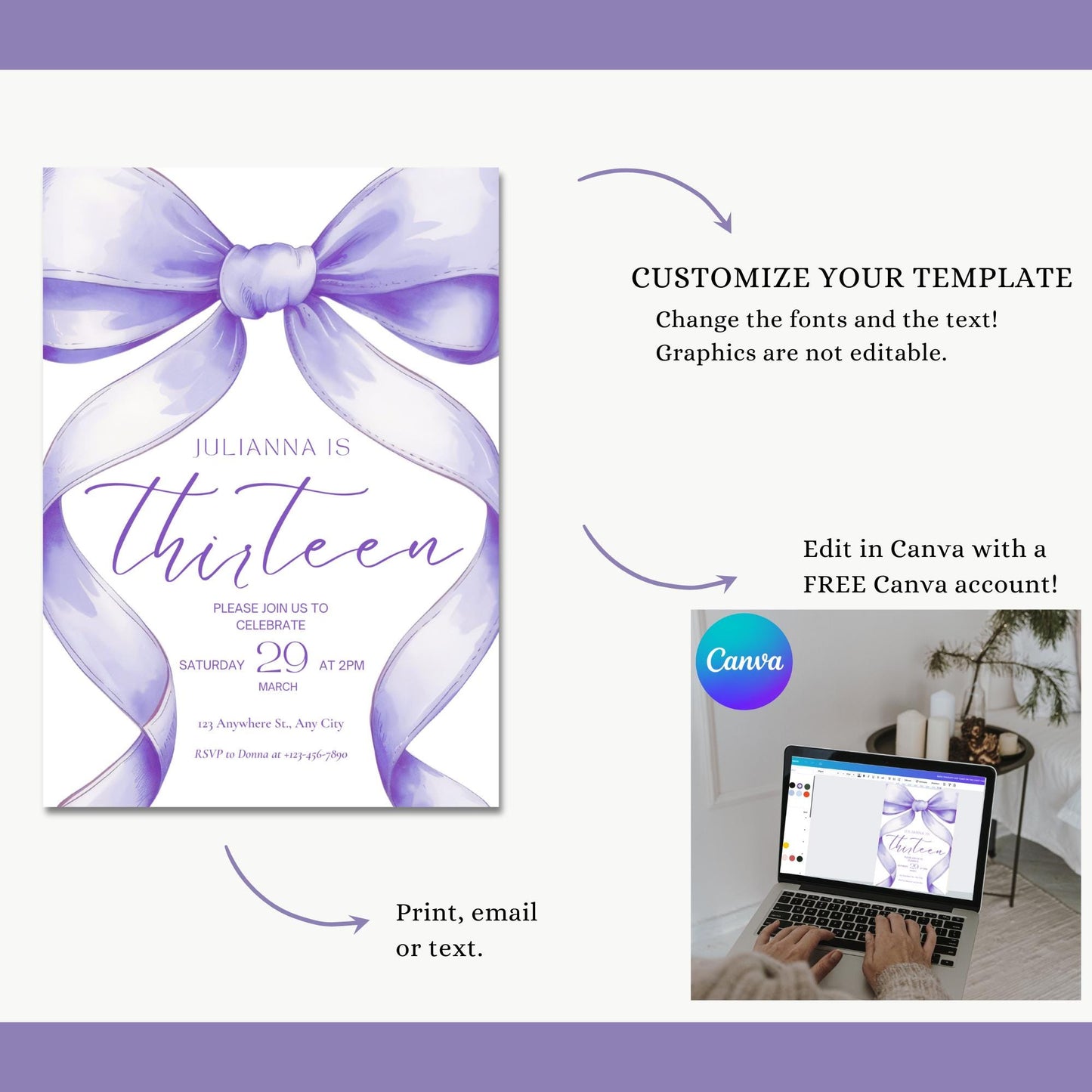 13th birthday invitation girl Purple Coquette Invite 13 year old girl Birthday Girl thirteenth Purple Bow Birthday Teen Birthday Party