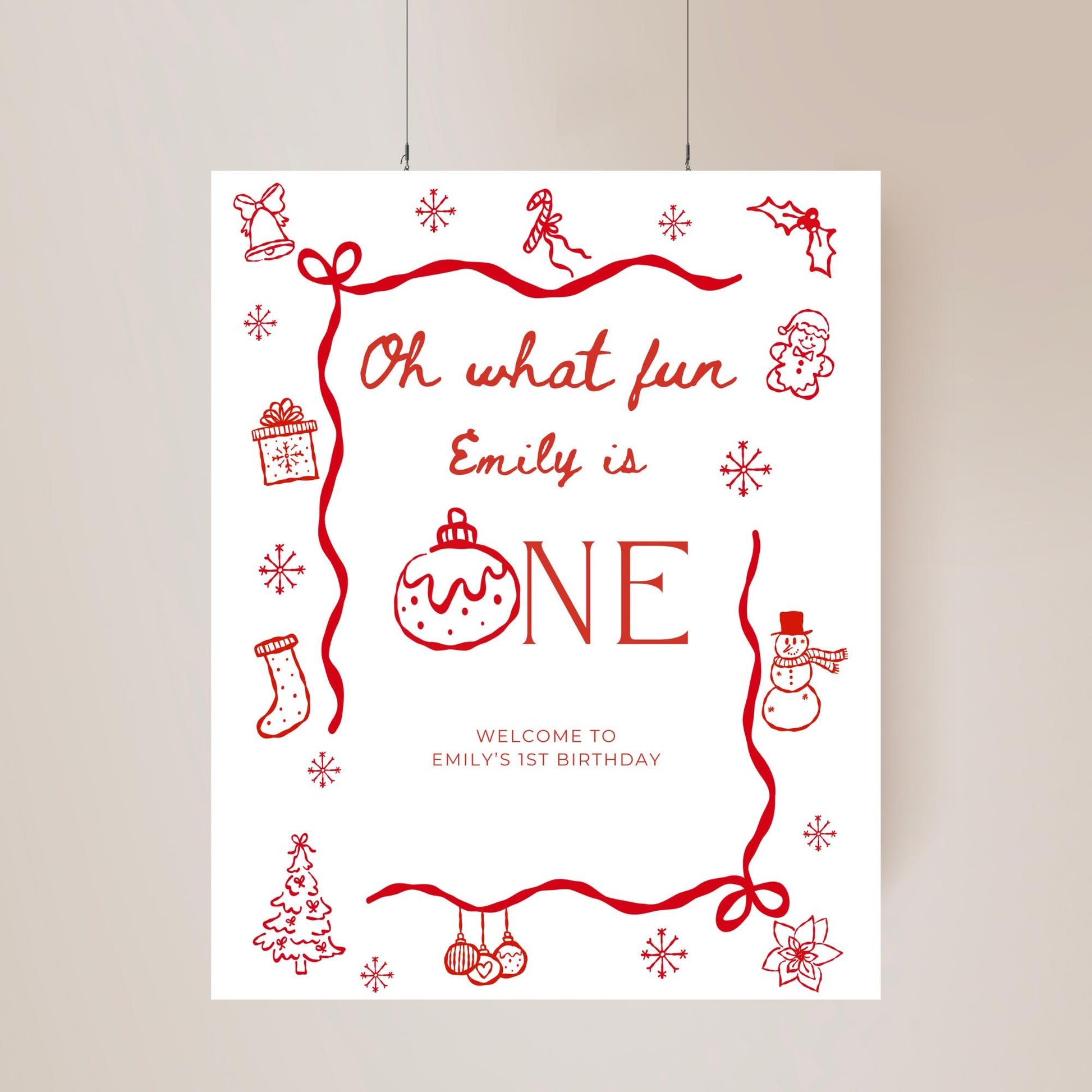 Oh What Fun Birthday Welcome Sign Template Whimsical Christmas First birthday winter 1st birthday sign Hand drawn Holiday Party decor