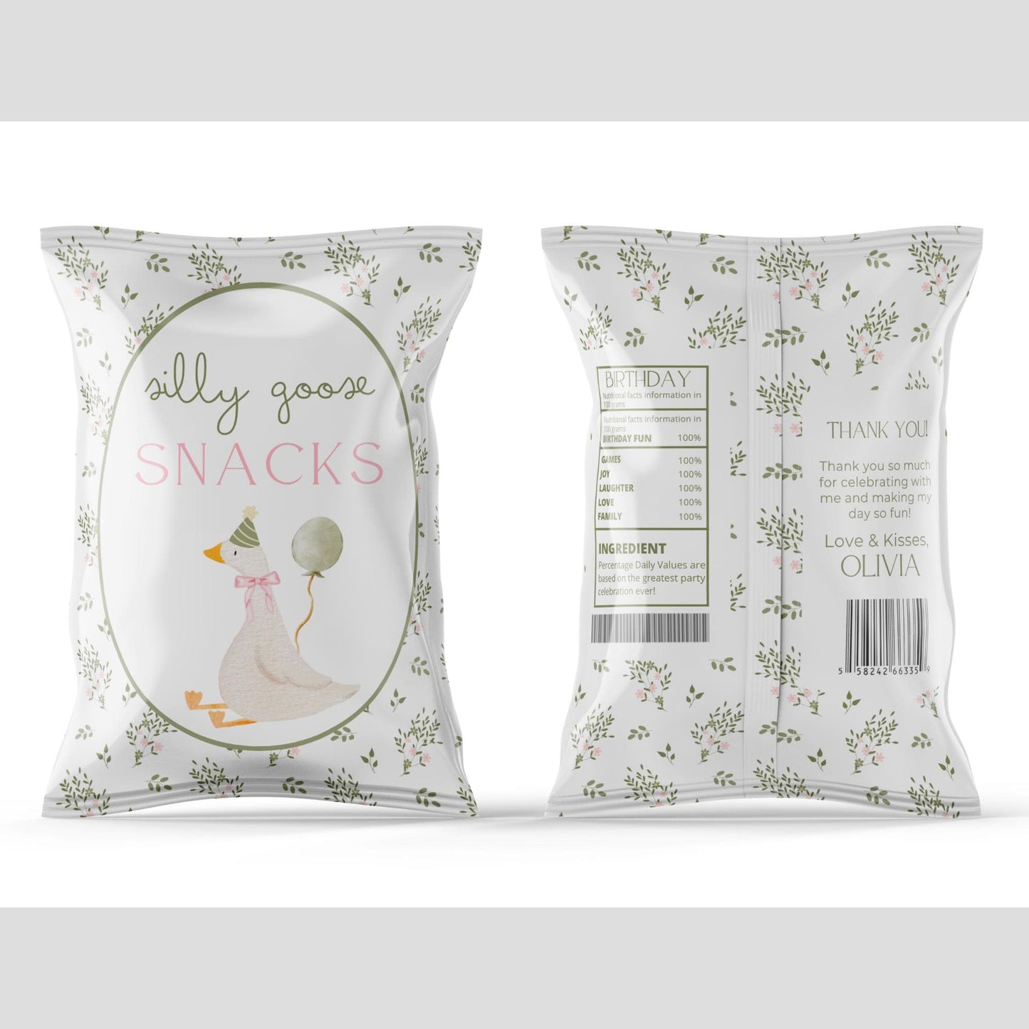 One Silly Goose Birthday Chip Bag Editable Silly Goose Party Chip Bag Label Silly Goose party favors Vintage Floral Goose Printable decor
