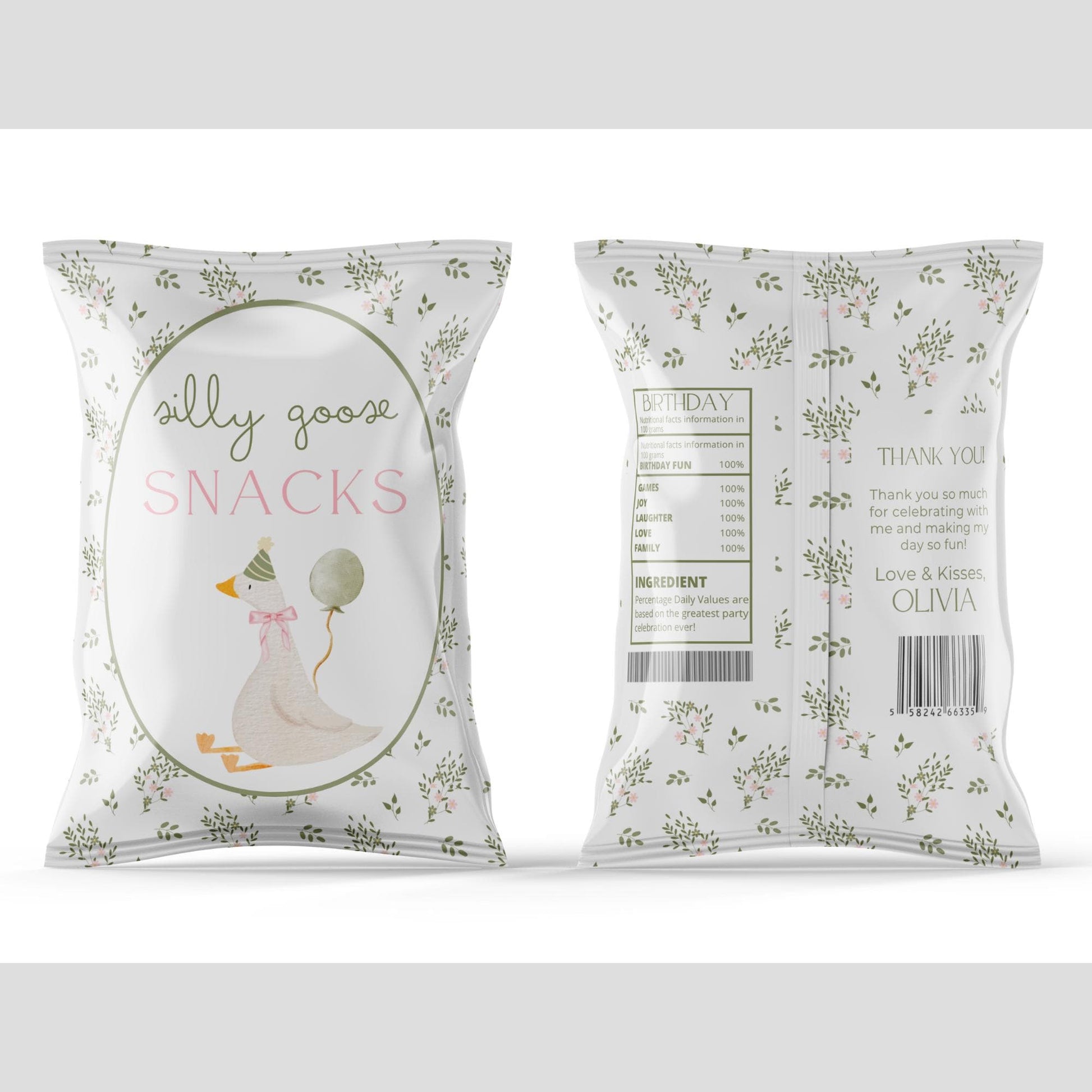 One Silly Goose Birthday Chip Bag Editable Silly Goose Party Chip Bag Label Silly Goose party favors Vintage Floral Goose Printable decor