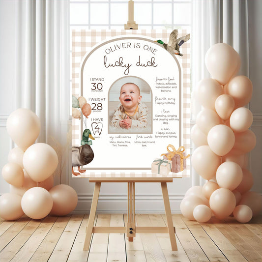 One Lucky Duck Birthday Milestone Sign Editable Mallard Duck Party Monthly Banner 1st Birthday Photo Banner Milestone photo sign