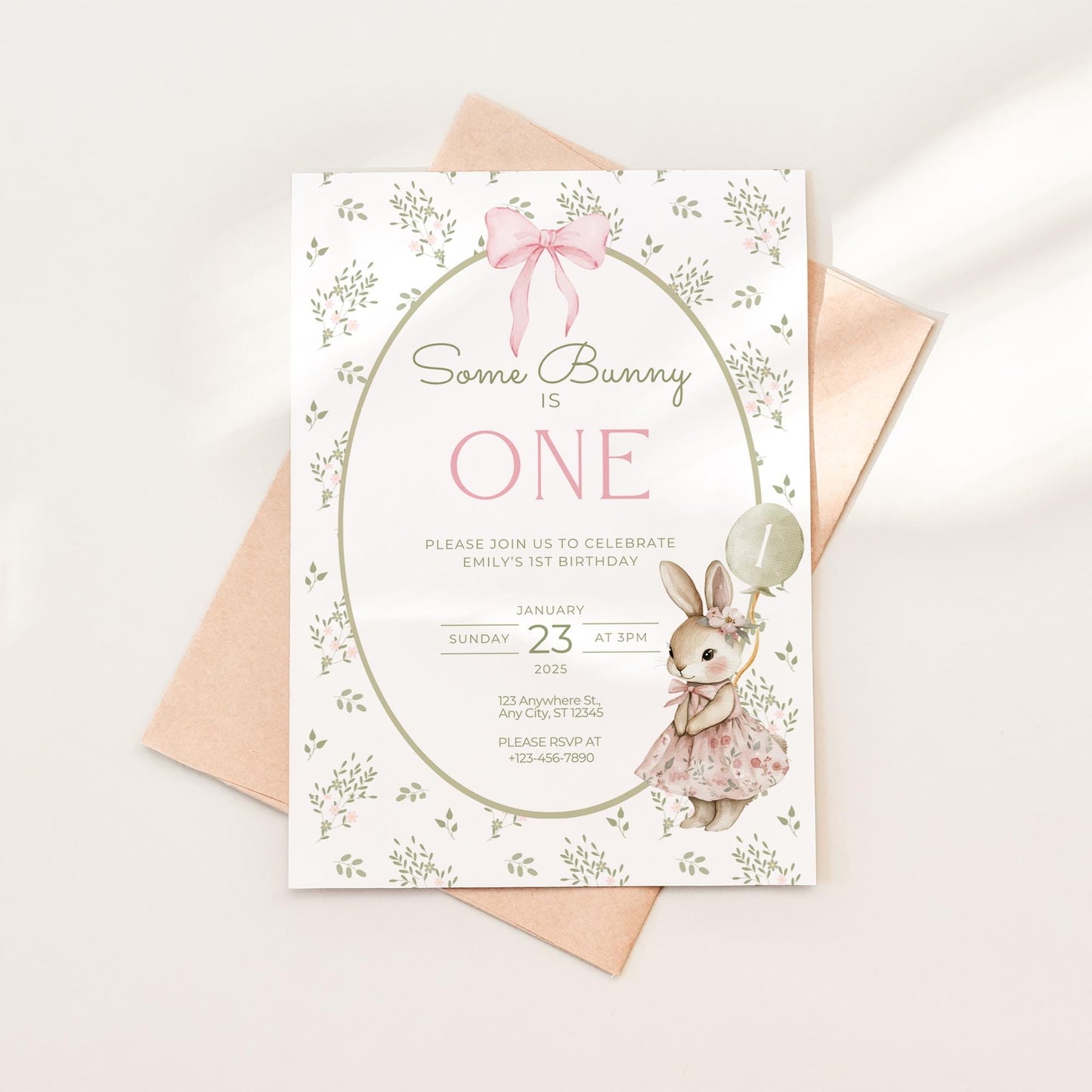 Some Bunny is One Birthday Invitation Bunny Birthday Invite Spring Floral Invitation Coquette Bunny First birthday Rabbit Birthday Invite