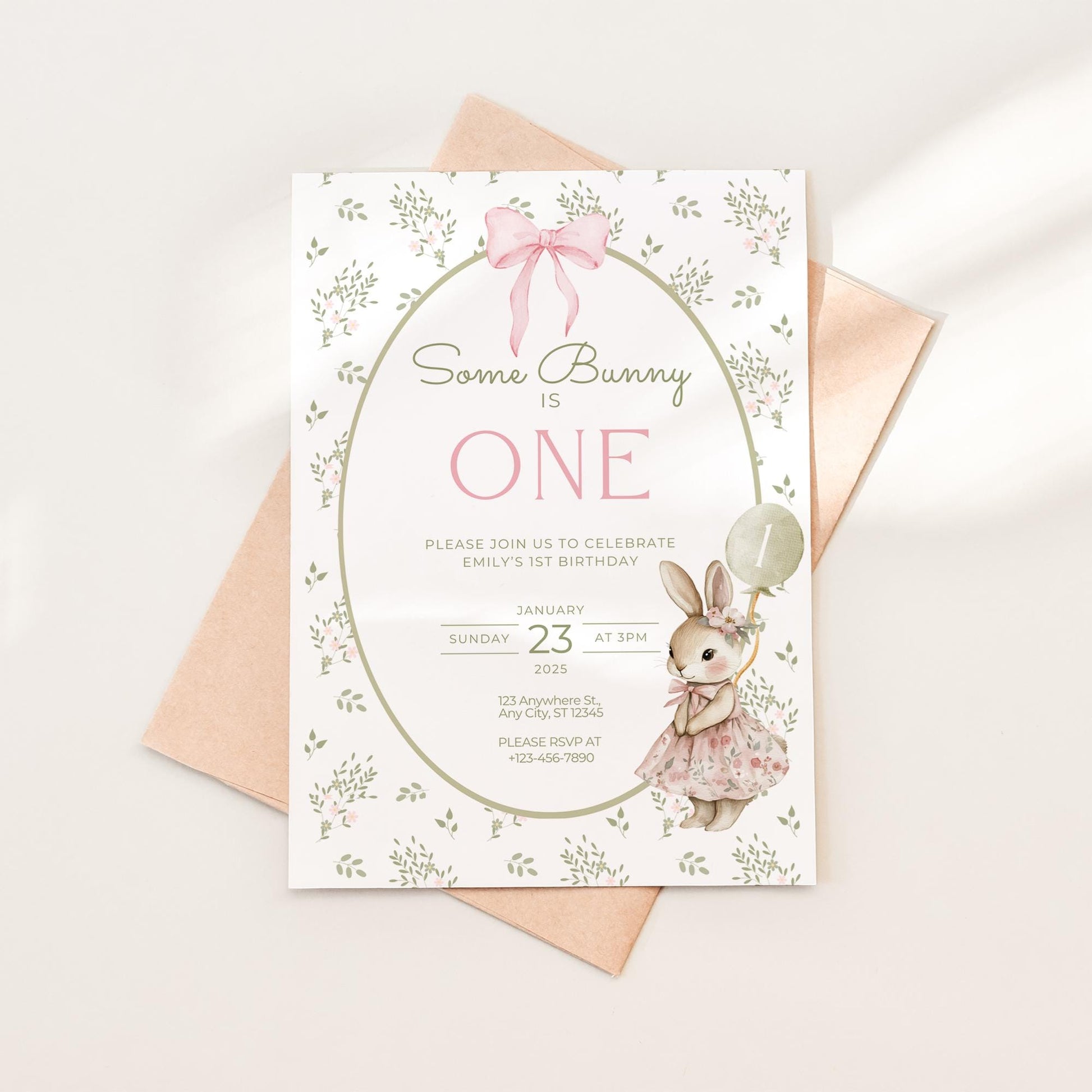 Some Bunny is One Birthday Invitation Bunny Birthday Invite Spring Floral Invitation Coquette Bunny First birthday Rabbit Birthday Invite