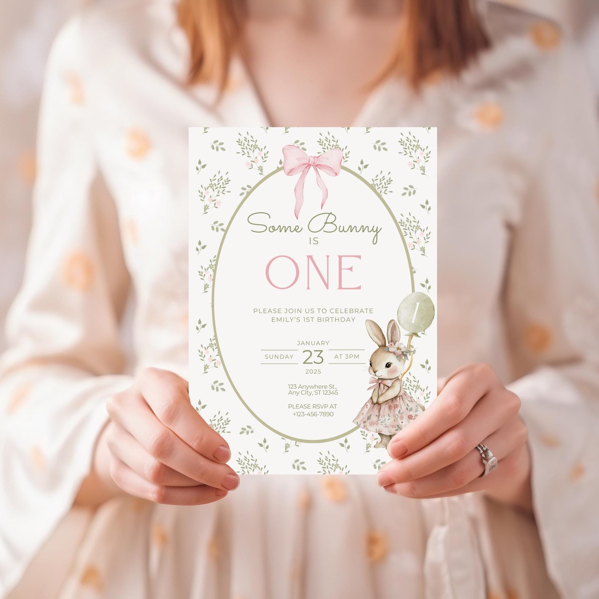 Some Bunny is One Birthday Invitation Bunny Birthday Invite Spring Floral Invitation Coquette Bunny First birthday Rabbit Birthday Invite