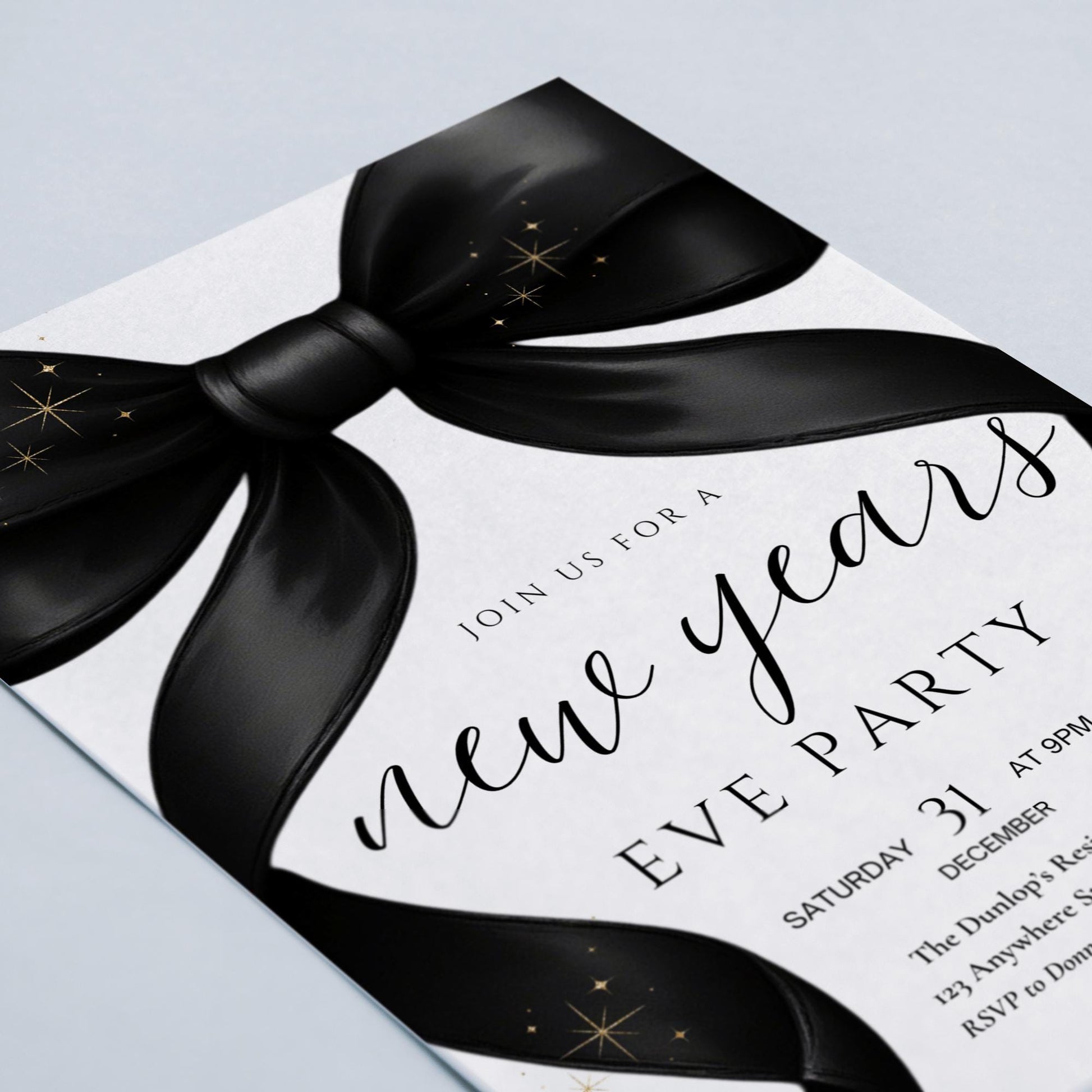 New Years Party invitation Friendsmas Invite Family Christmas Invite Black Bow Holiday Party Evite New Years Eve Dinner Instant Download