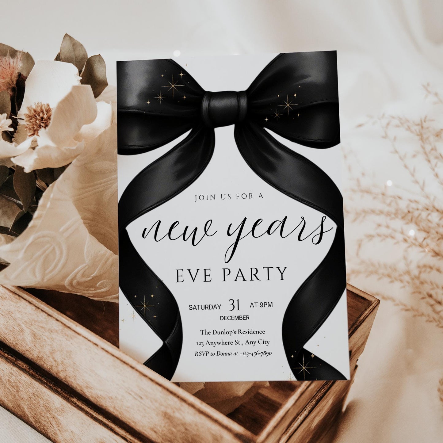 New Years Party invitation Friendsmas Invite Family Christmas Invite Black Bow Holiday Party Evite New Years Eve Dinner Instant Download